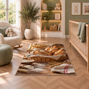 Fresh bread basket rug in a nursery with a crib and armchair