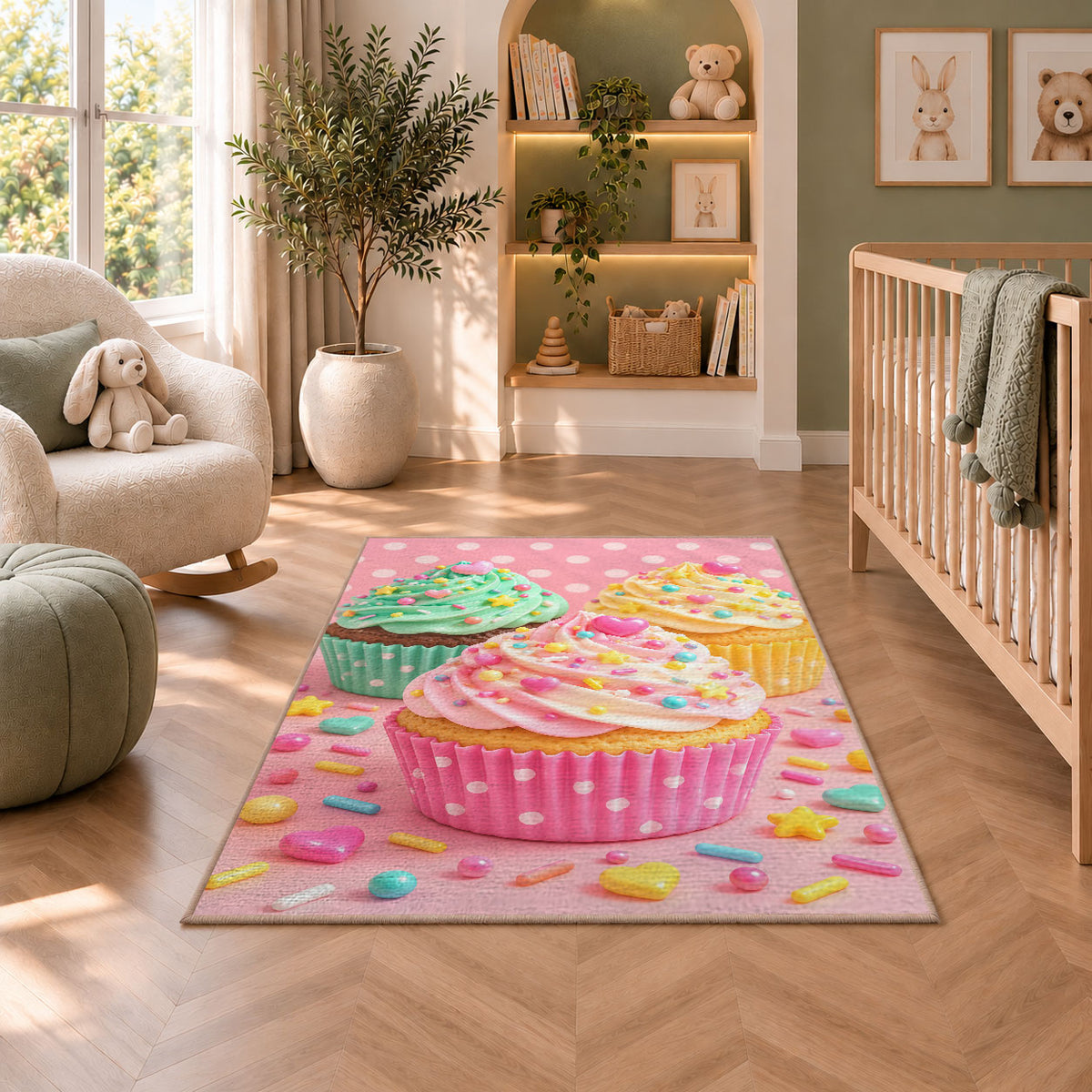 Cute pastel cupcakes rug in a nursery with a crib and armchair