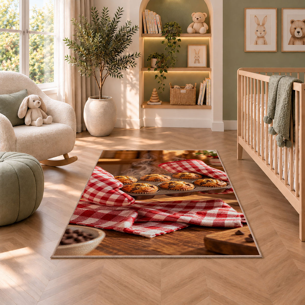 Fresh muffin tray rug in a nursery with a crib and armchair