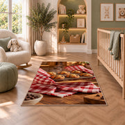 Fresh muffin tray rug in a nursery with a crib and armchair
