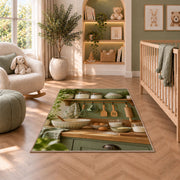 Sage farmhouse baking shelf rug in a nursery with a crib and armchair
