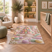 Pastel macaron tower rug in a nursery with a crib and armchair