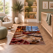 Winter baking window rug in a nursery with a crib and armchair