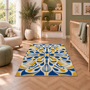 Geometric whisks and measuring cups rug in a nursery with a crib and armchair
