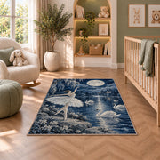 Swan lake ballerina rug in a nursery with a crib and armchair