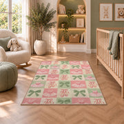 Ballet checkered rug in a nursery with a crib and armchair