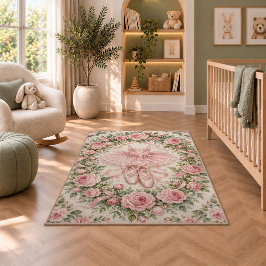 Rose wreath ballet rug in a nursery with a crib and armchair