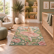 Bunny ballerina rug in a nursery with a crib and armchair