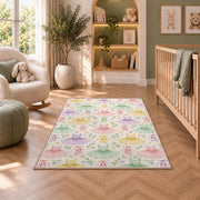 Pastel tutu pattern rug in a nursery with a crib and armchair