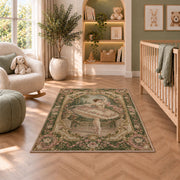 Vintage ballerina tapestry rug in a nursery with a crib and armchair
