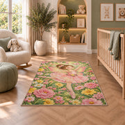 Butterfly fairy ballerina rug in a nursery with a crib and armchair