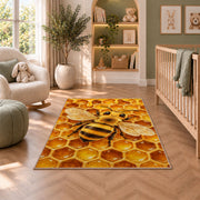 Honeybee Honeycomb Rug in a nursery with a crib and armchair
