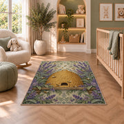 Vintage Straw Beehive Rug in a nursery with a crib and armchair