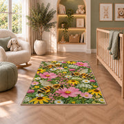 Bees in Wildflower Garden Rug in a nursery with a crib and armchair