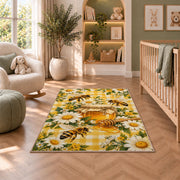 Gingham Honey Jar Bee Rug in a nursery with a crib and armchair