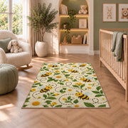 Happy Bees Flight Path Rug in a nursery with a crib and armchair