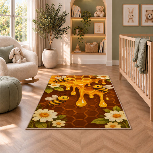 Dripping Honeycomb Bee Rug in a nursery with a crib and armchair