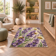 Lavender and Bees Rug in a nursery with a crib and armchair