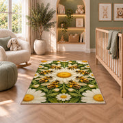 Bee Ring Daisy Medallion Rug in a nursery with a crib and armchair