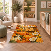 Autumn Beehive Pumpkin Rug in a nursery with a crib and armchair