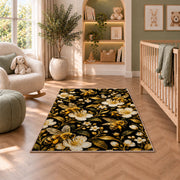 Golden Bees on Black Rug in a nursery with a crib and armchair