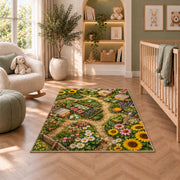 Bee Garden Top View Rug in a nursery with a crib and armchair
