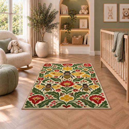Scandinavian Folk Art Bee Rug in a nursery with a crib and armchair