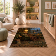 Rainy Day Reading Nook rug in a nursery with a crib and armchair