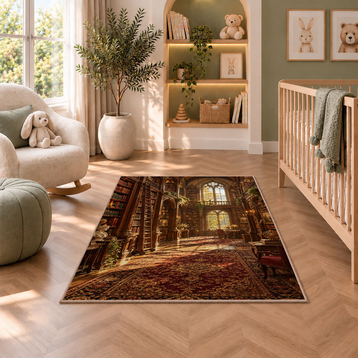 Grand Old Library rug in a nursery with a crib and armchair