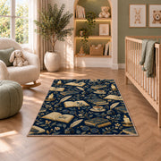 Book and Quill Pattern rug in a nursery with a crib and armchair