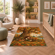 Girl Reading Under Autumn Tree rug in a nursery with a crib and armchair