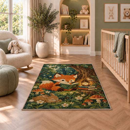 Fox Cub Reading rug in a nursery with a crib and armchair