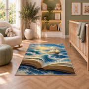 Book Pages Become the Sea rug in a nursery with a crib and armchair