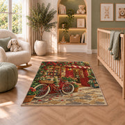 Bicycle at the Bookshop rug in a nursery with a crib and armchair