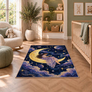 Reading on the Moon rug in a nursery with a crib and armchair