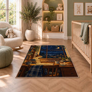 Starry Night Study Desk rug in a nursery with a crib and armchair