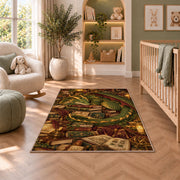 Dragon Guarding Books rug in a nursery with a crib and armchair