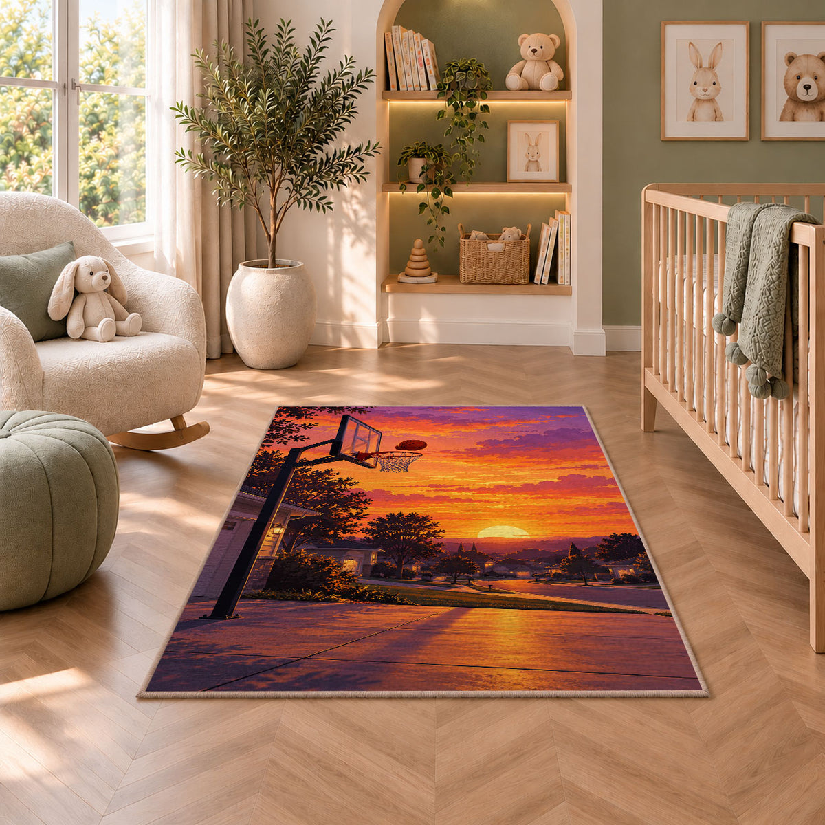 Driveway Hoop at Sunset rug in a nursery with a crib and armchair