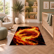 Basketball on Fire rug in a nursery with a crib and armchair