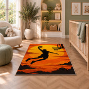 Slam Dunk Sunset Silhouette rug in a nursery with a crib and armchair