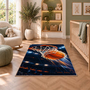 Swish Arena Lights rug in a nursery with a crib and armchair