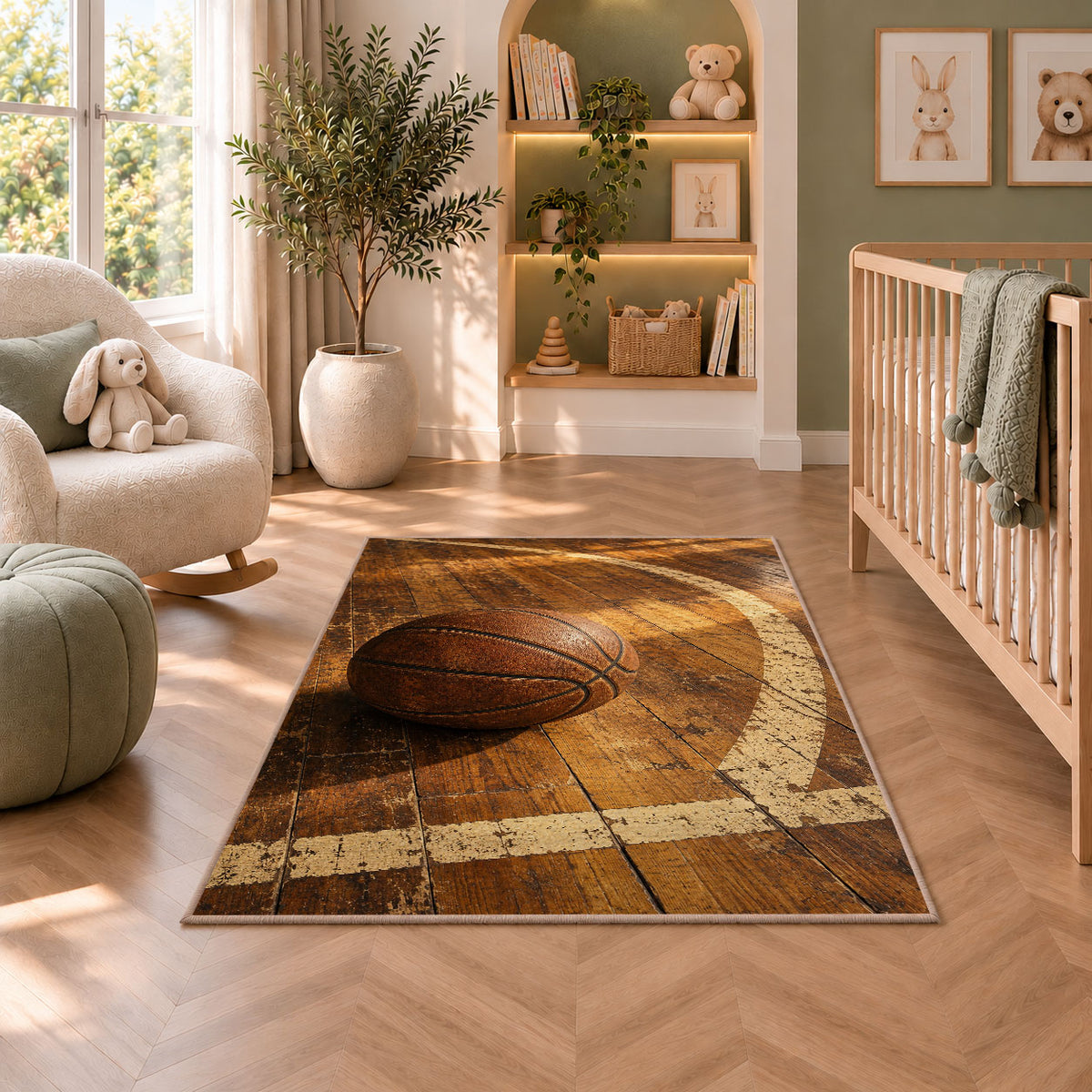Vintage Leather Basketball rug in a nursery with a crib and armchair