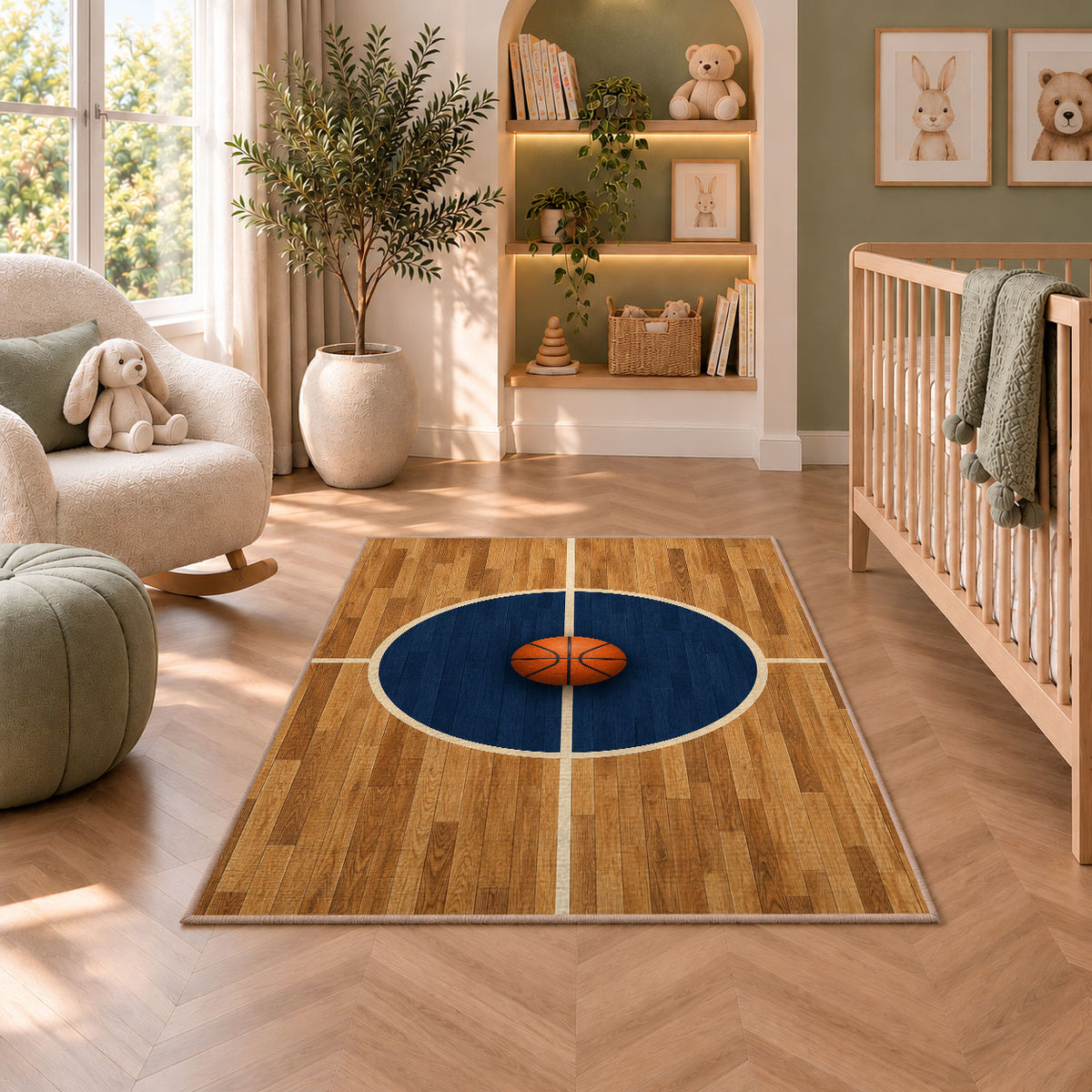 Center Court Circle rug in a nursery with a crib and armchair