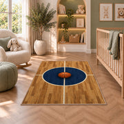 Center Court Circle rug in a nursery with a crib and armchair