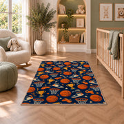 Basketball Icons Pattern rug in a nursery with a crib and armchair