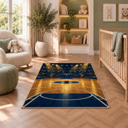 Arena Spotlight Court rug in a nursery with a crib and armchair