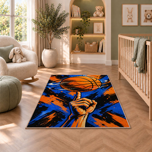 Spinning Ball on Finger rug in a nursery with a crib and armchair