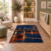 Rooftop Court City Night rug in a nursery with a crib and armchair