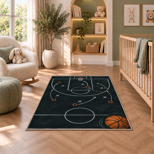 Chalkboard Basketball Play rug in a nursery with a crib and armchair
