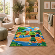 Kids Playing Basketball rug in a nursery with a crib and armchair